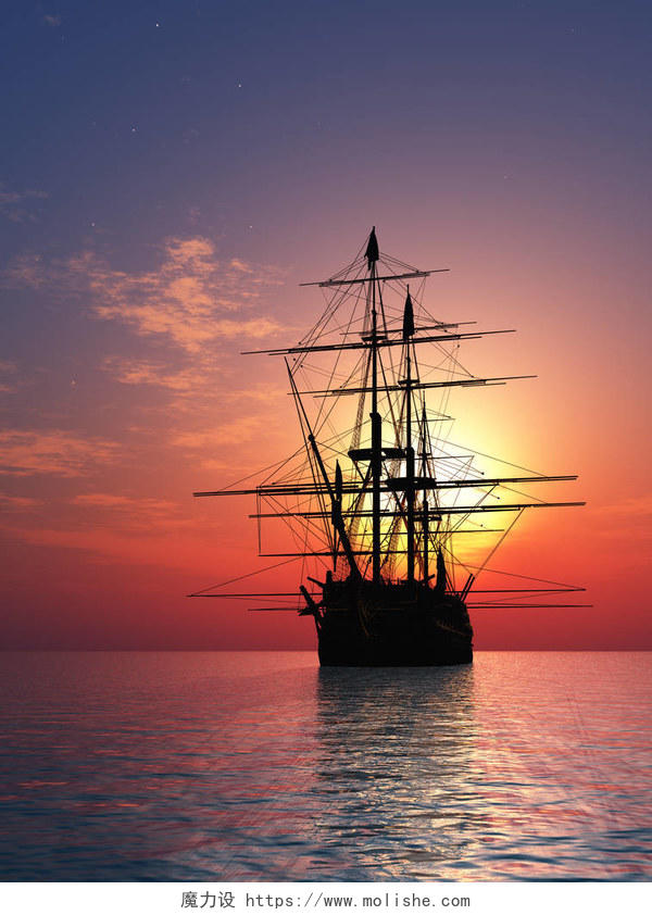 老式帆船在海上日落.